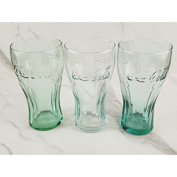 Coca Cola Libbey Drinking Glasses 16z Embossed Logo 6" Green White Blue x3 - Picture 1 of 14